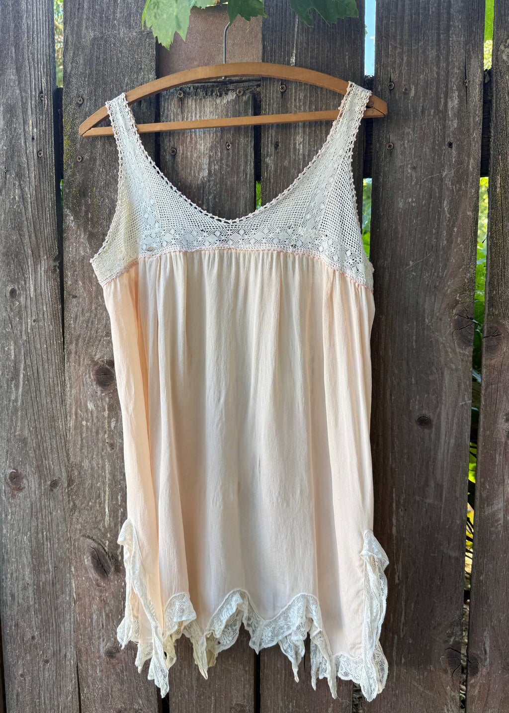 1920s pink silk step-in with crochet yoke