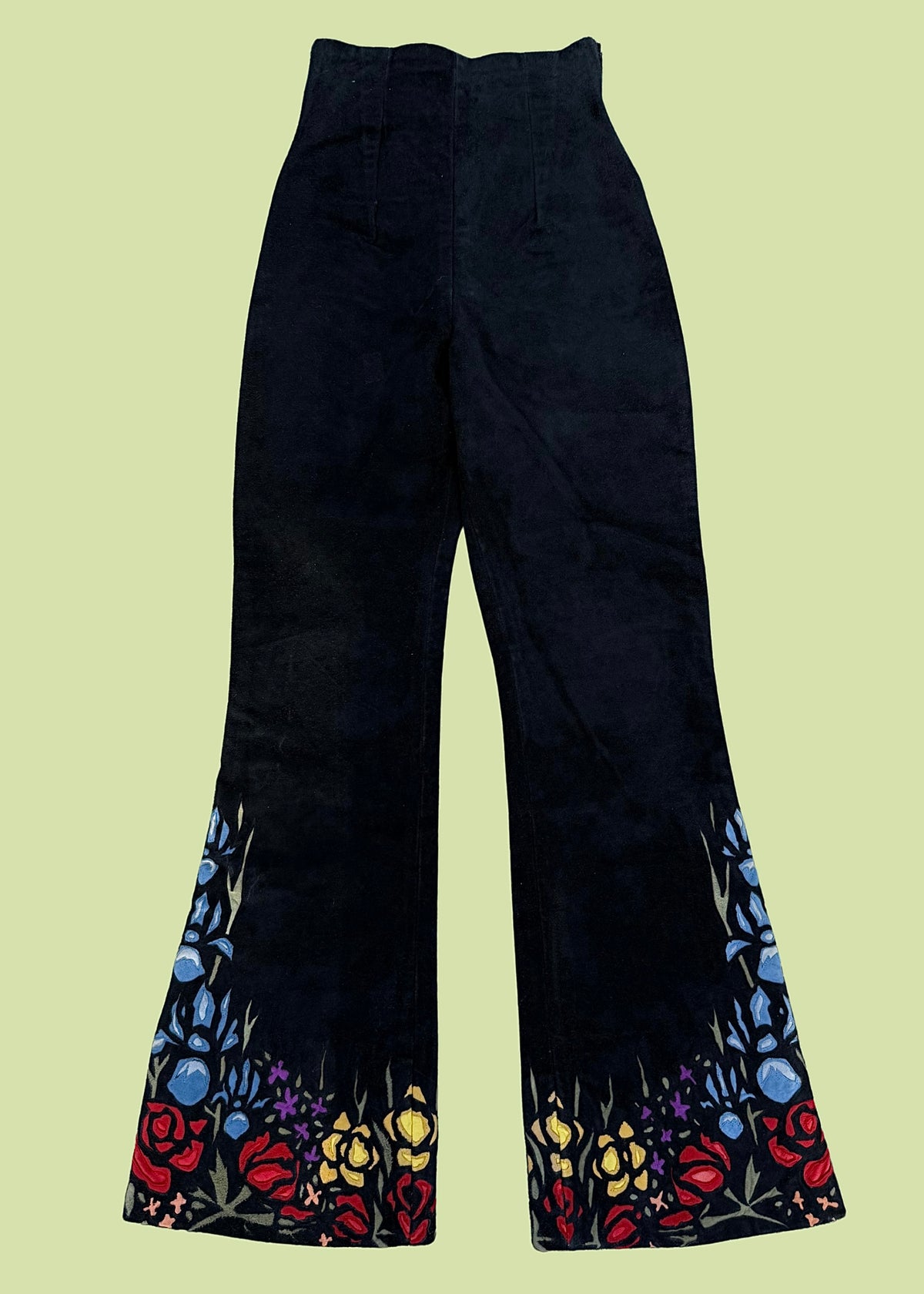 Rare 1970s suede bells with floral inlay design