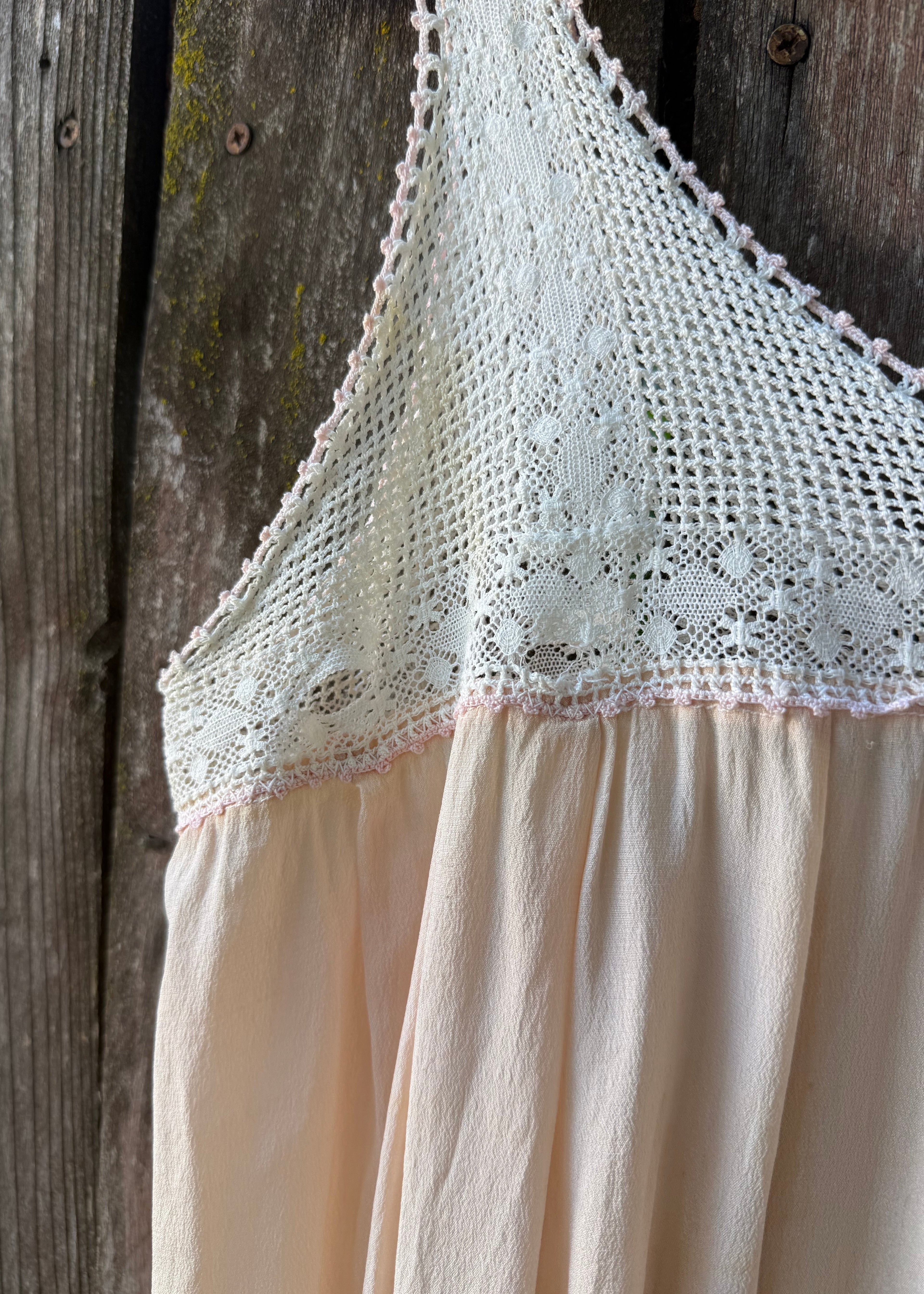 1920s pink silk step-in with crochet yoke
