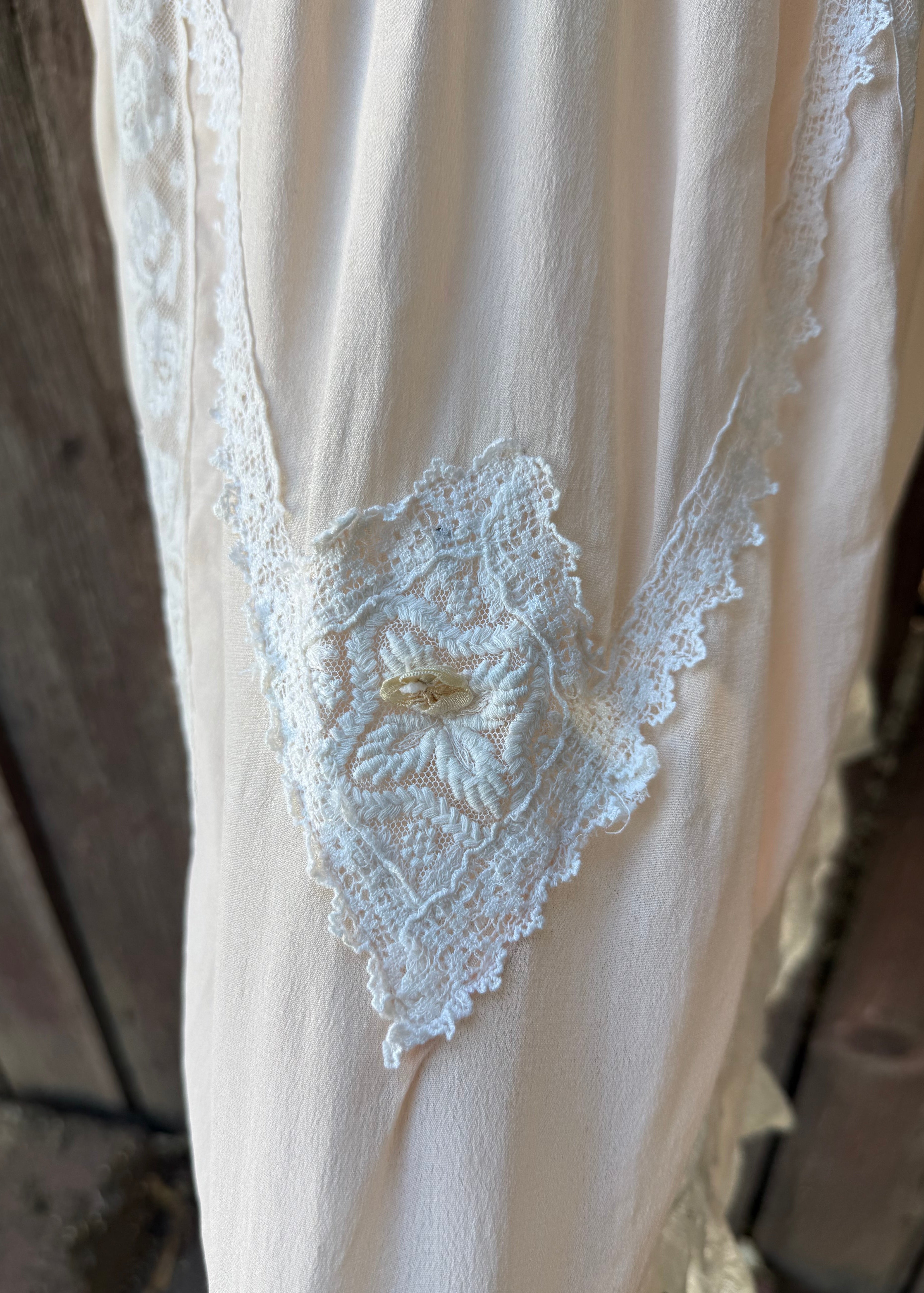 1920s pink silk step-in with crochet yoke