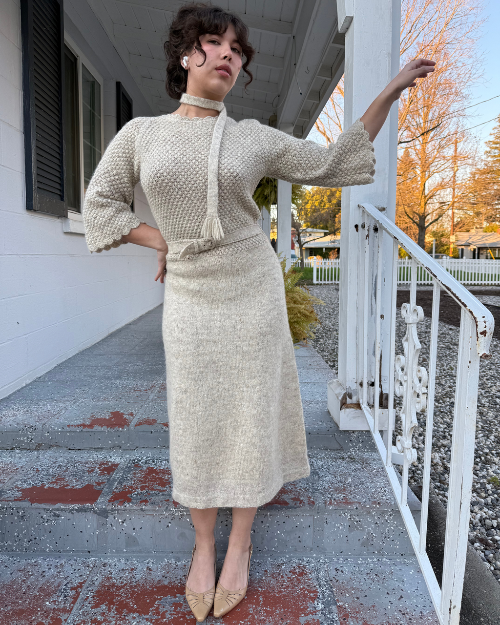 Early 1950s hand knit grey dress and coat set