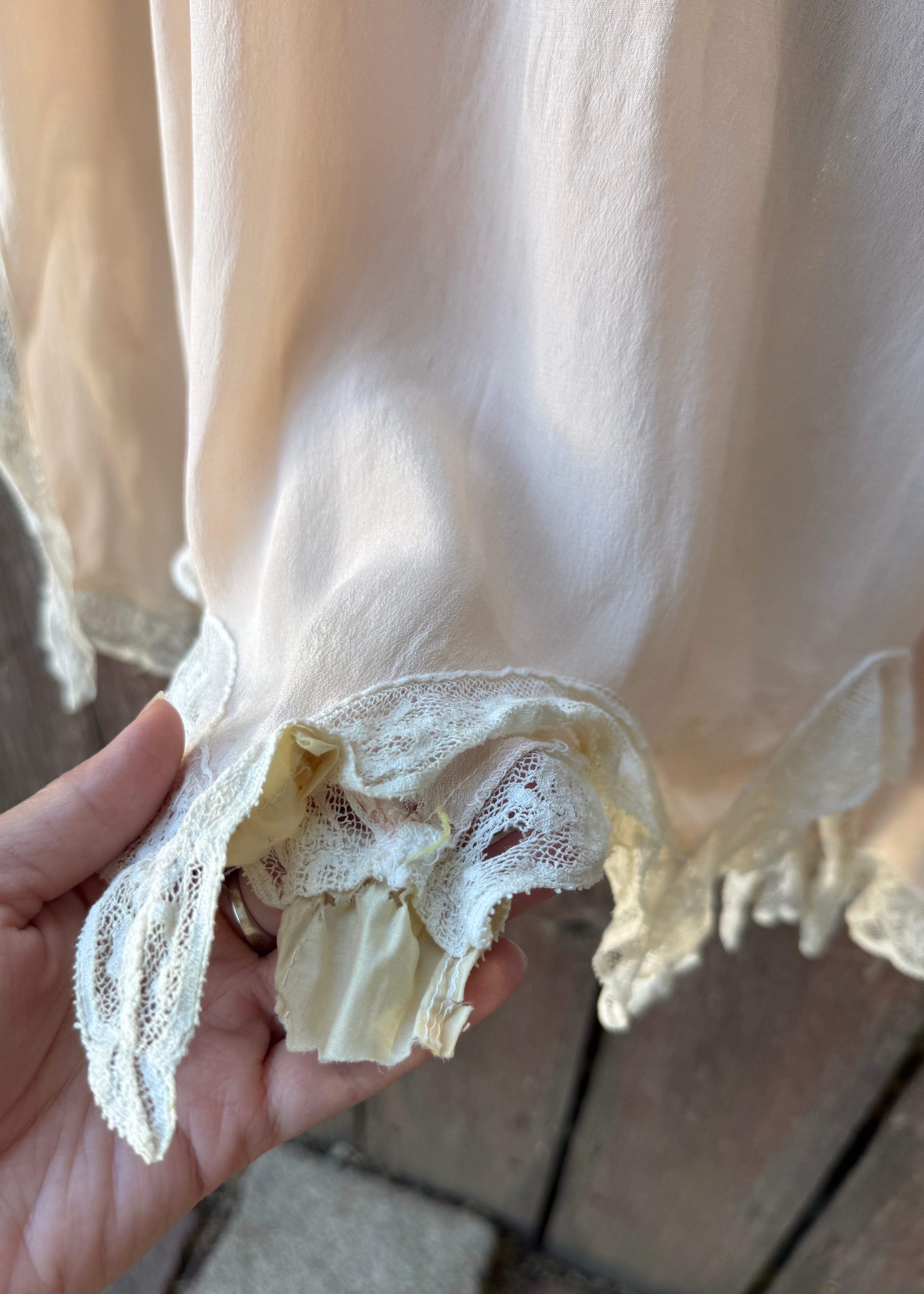 1920s pink silk step-in with crochet yoke