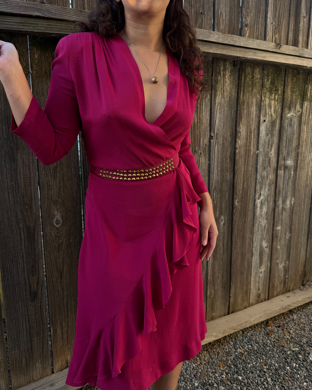 1940s raspberry ruffle hem dress with brass studded belt