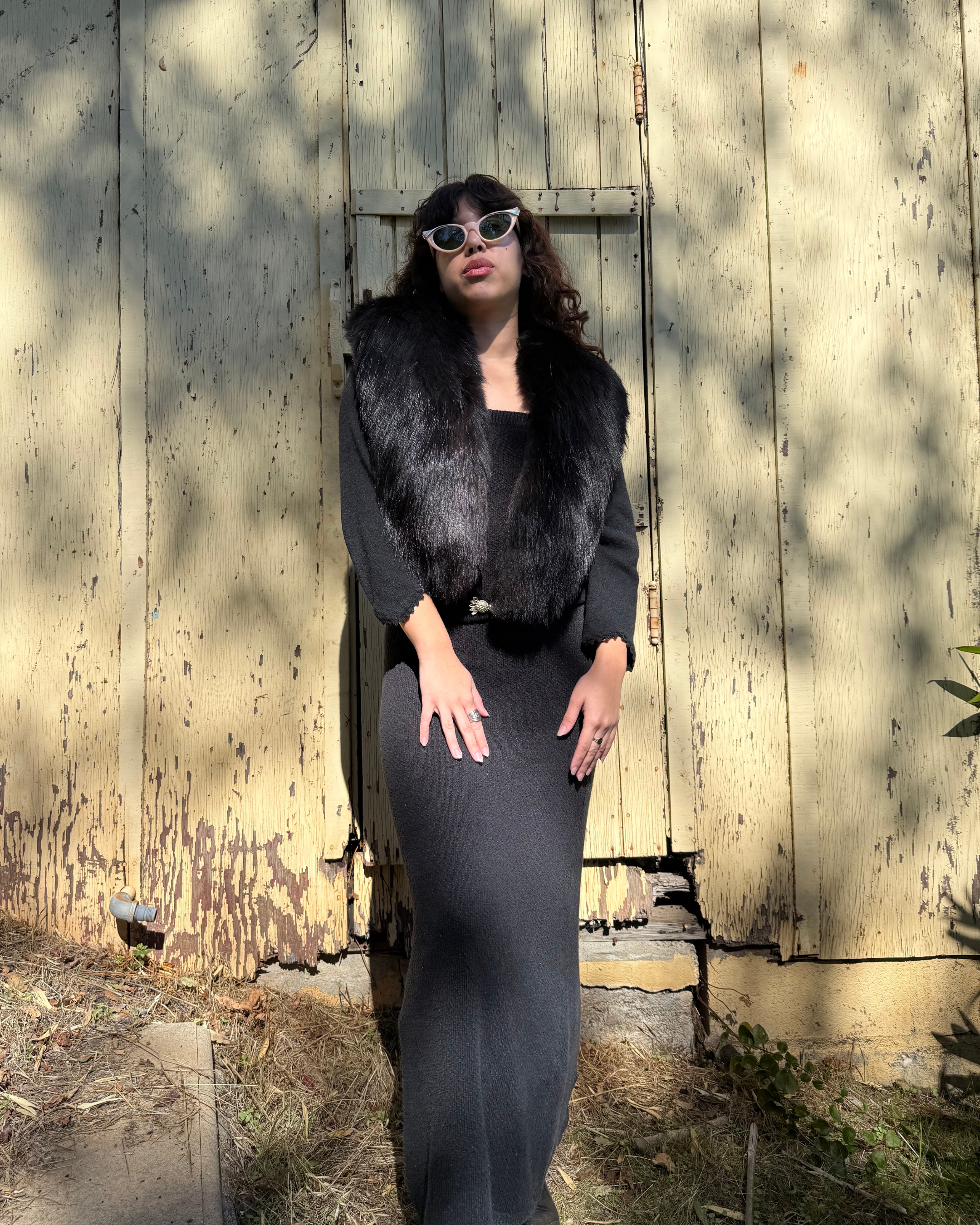1950s black cashmere cardigan with fox fur collar