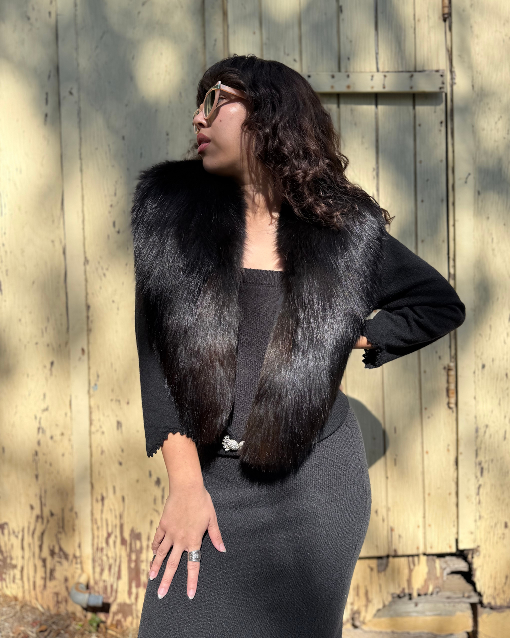 1950s black cashmere cardigan with fox fur collar