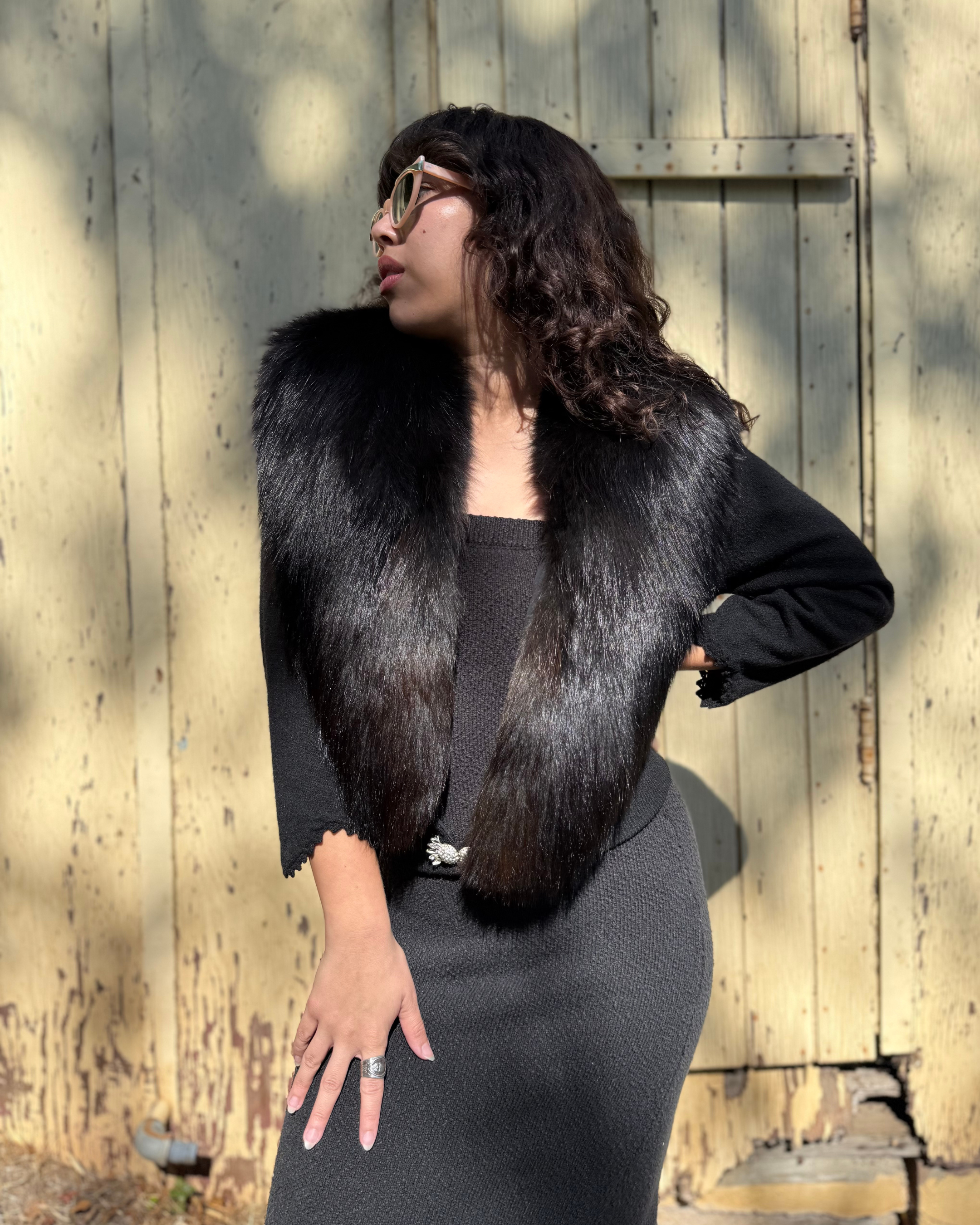 1950s black cashmere cardigan with fox fur collar