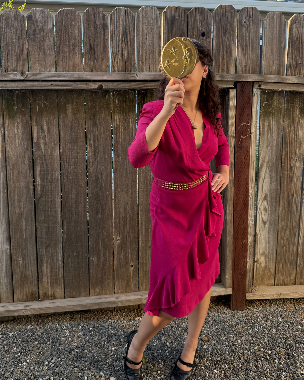 1940s raspberry ruffle hem dress with brass studded belt