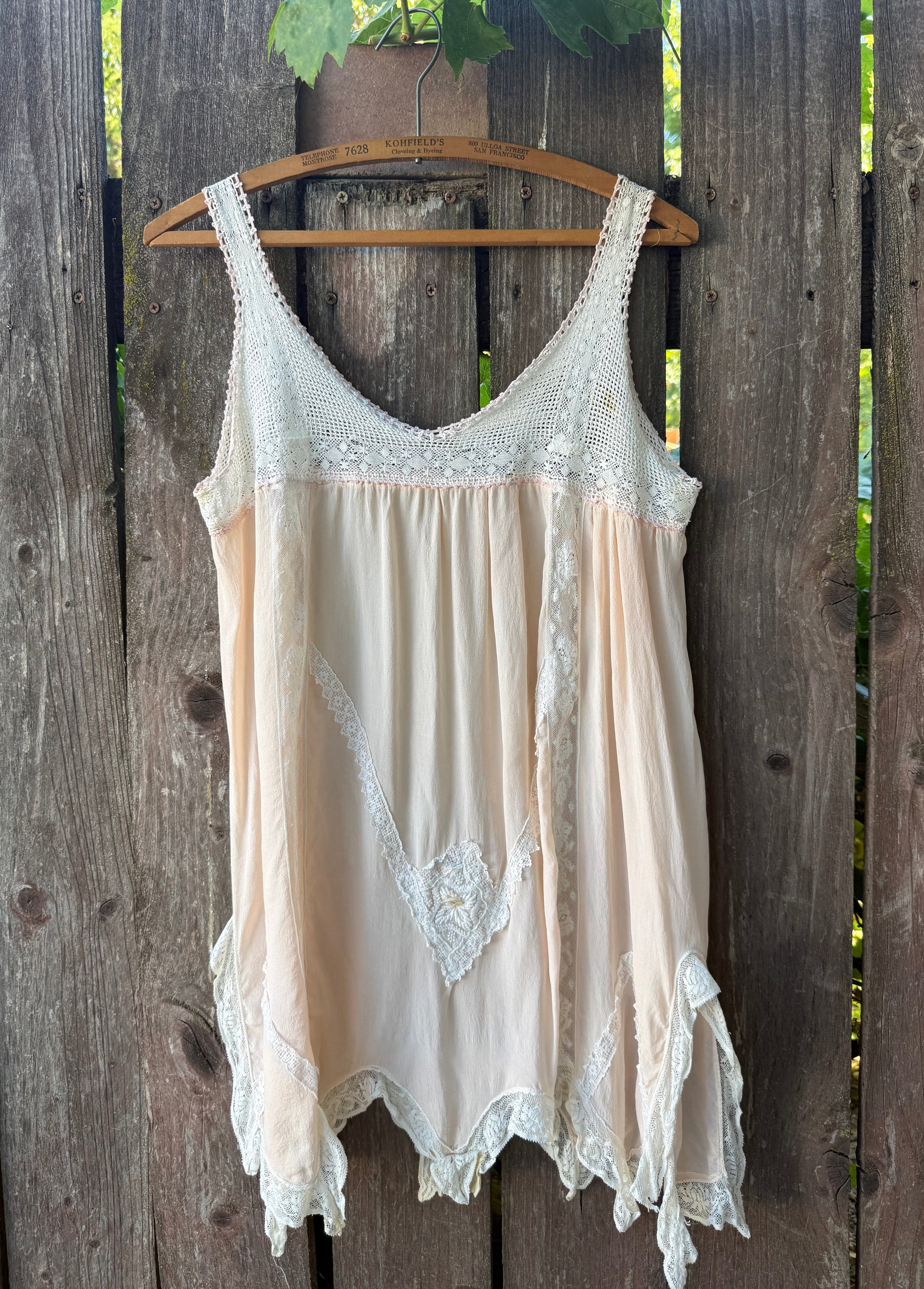 1920s pink silk step-in with crochet yoke