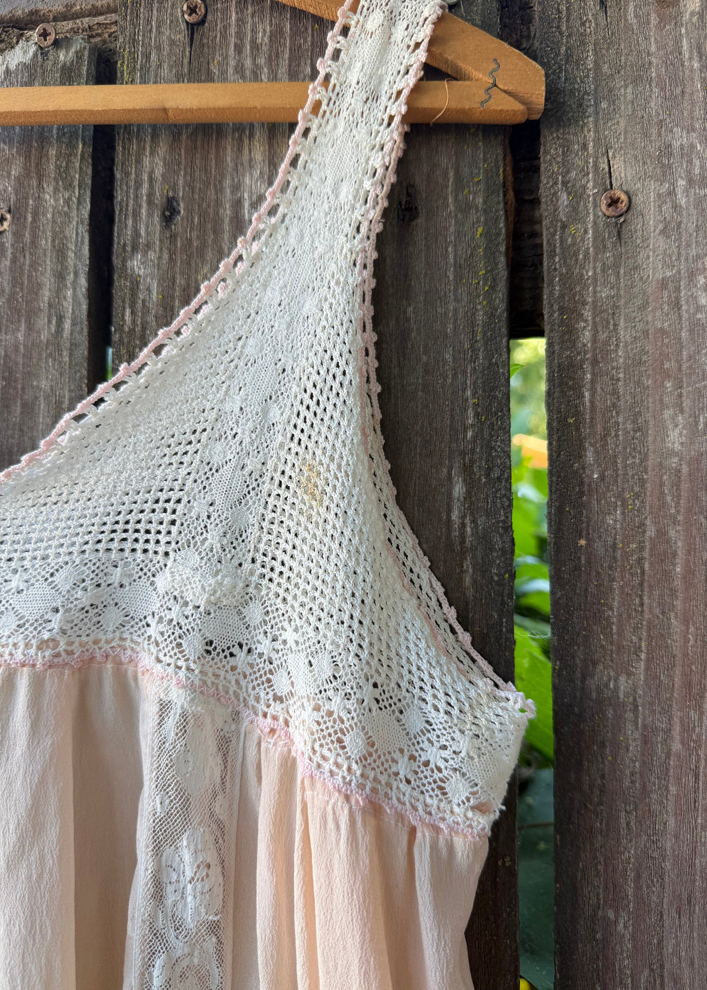 1920s pink silk step-in with crochet yoke
