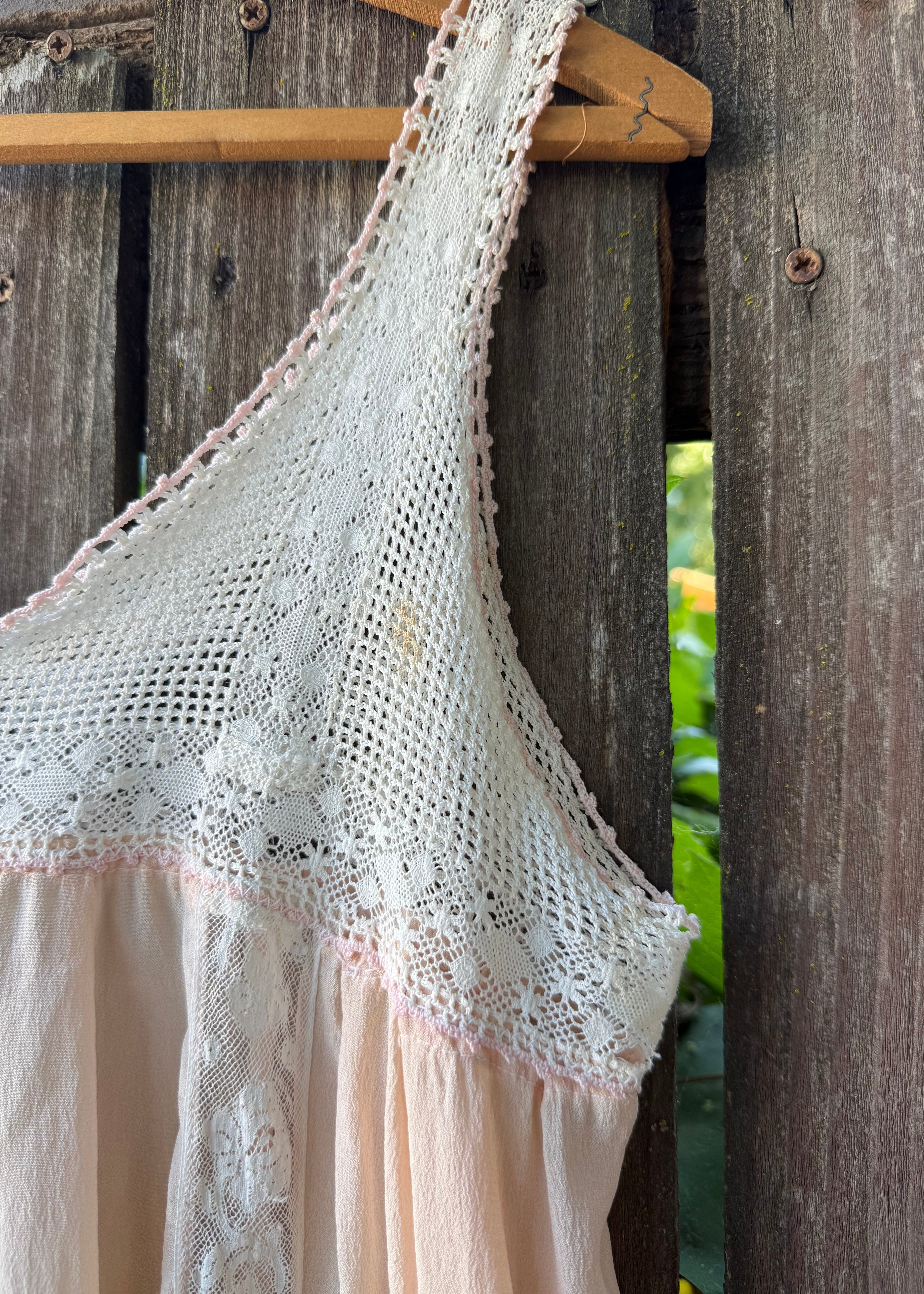 1920s pink silk step-in with crochet yoke