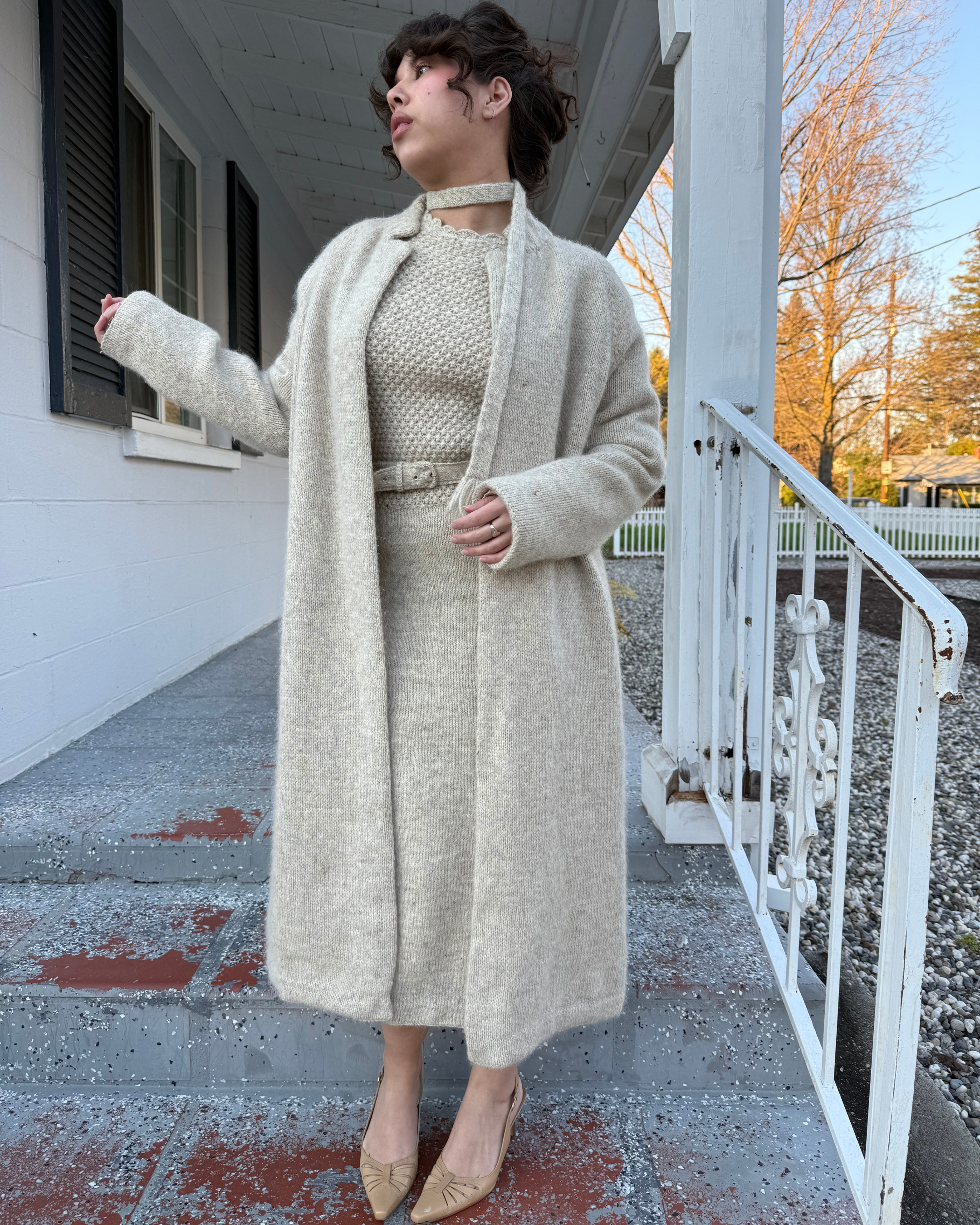 Early 1950s hand knit grey dress and coat set
