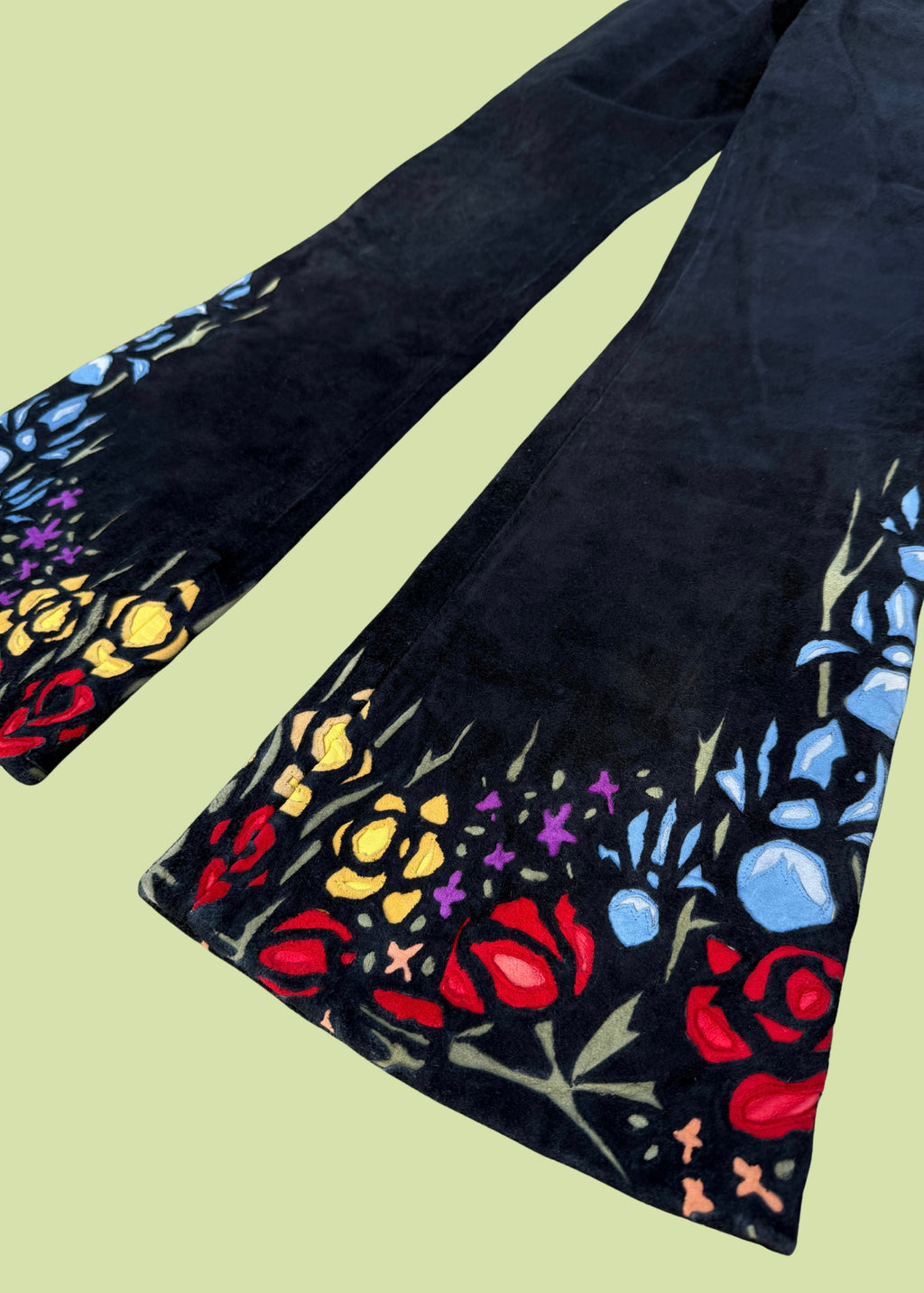 Rare 1970s suede bells with floral inlay design