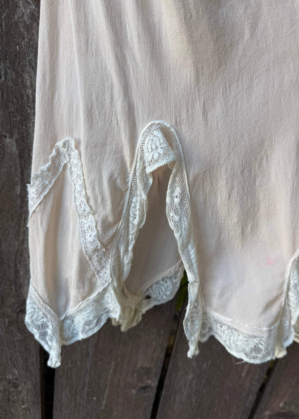 1920s pink silk step-in with crochet yoke