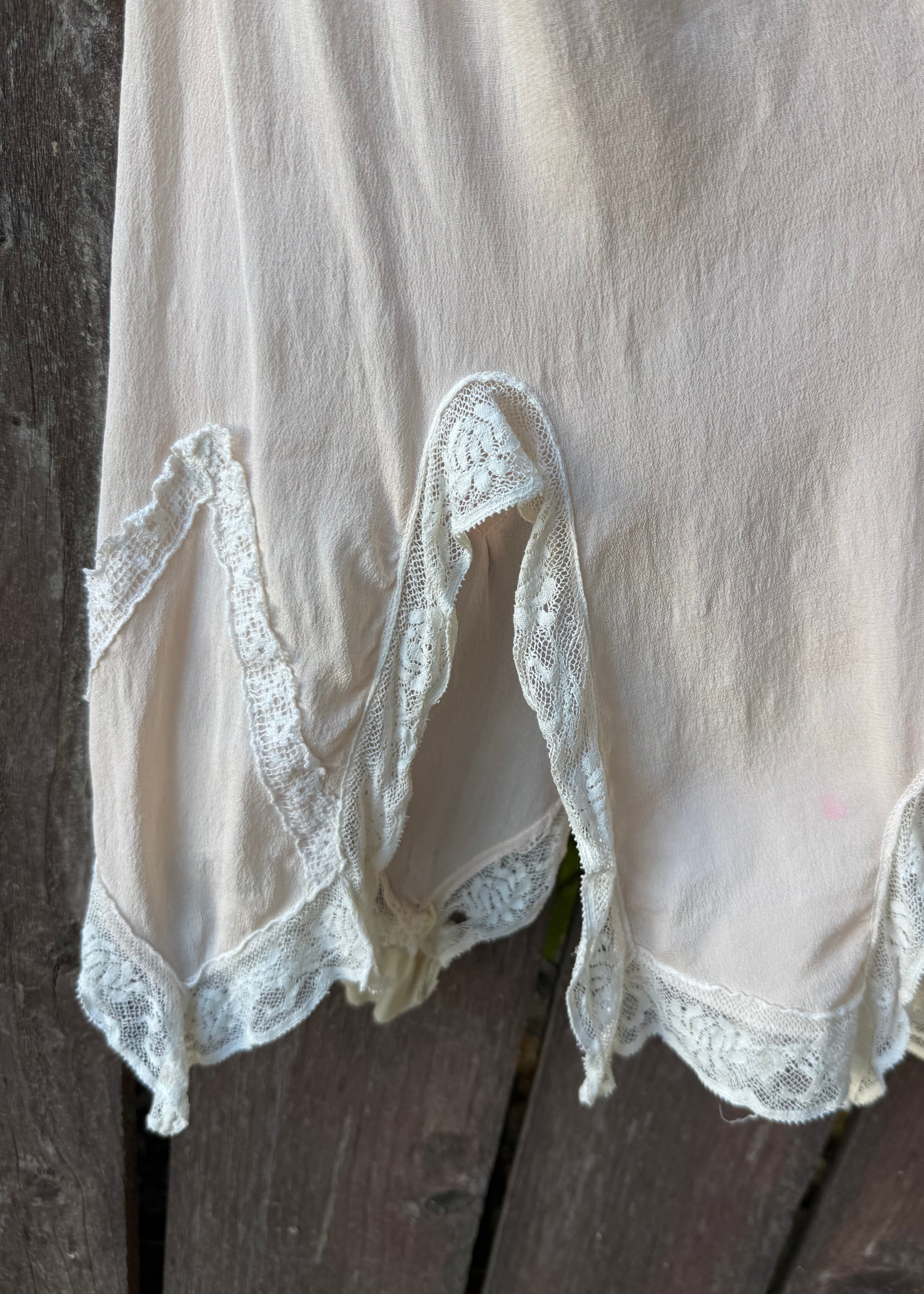 1920s pink silk step-in with crochet yoke