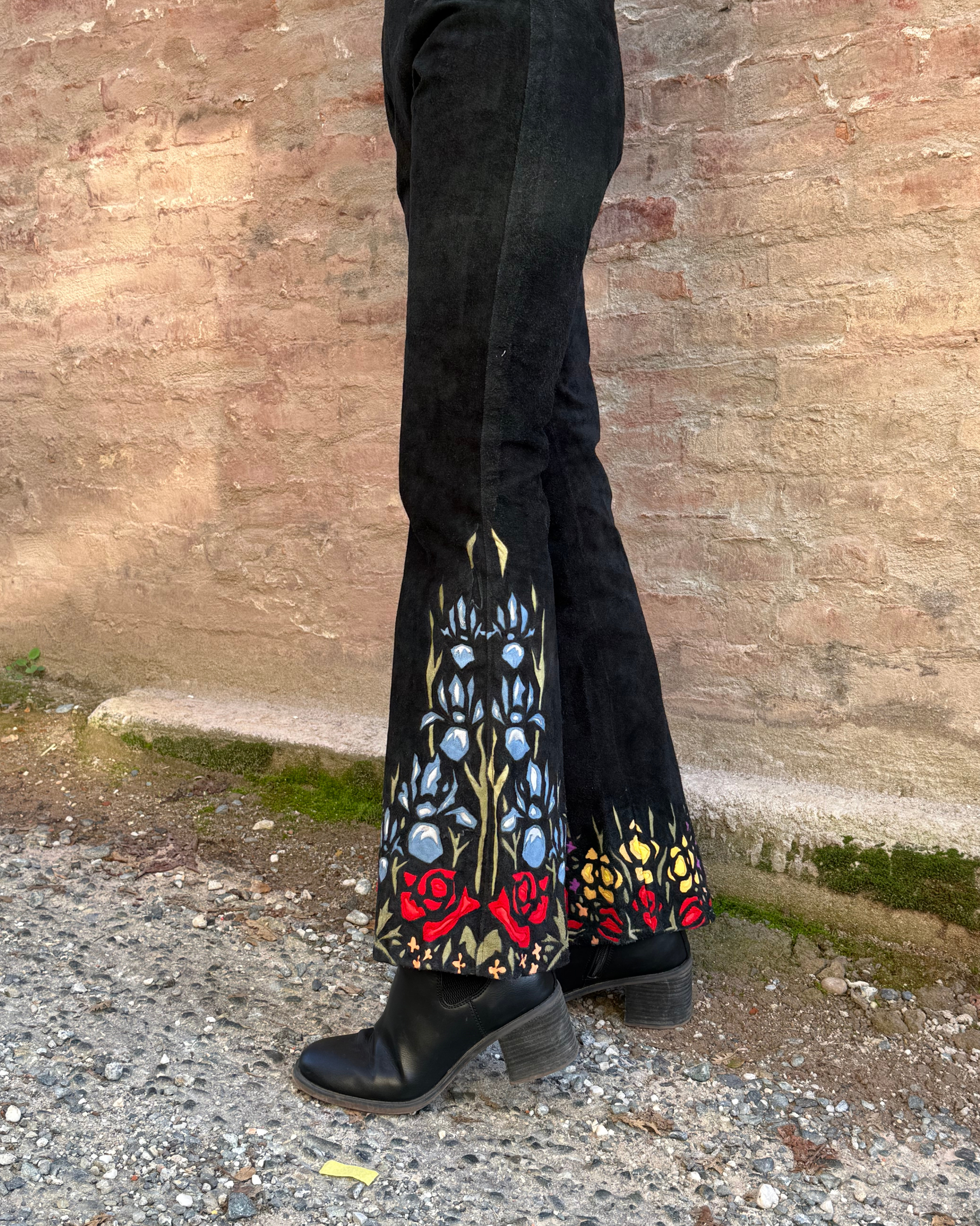 Rare 1970s suede bells with floral inlay design