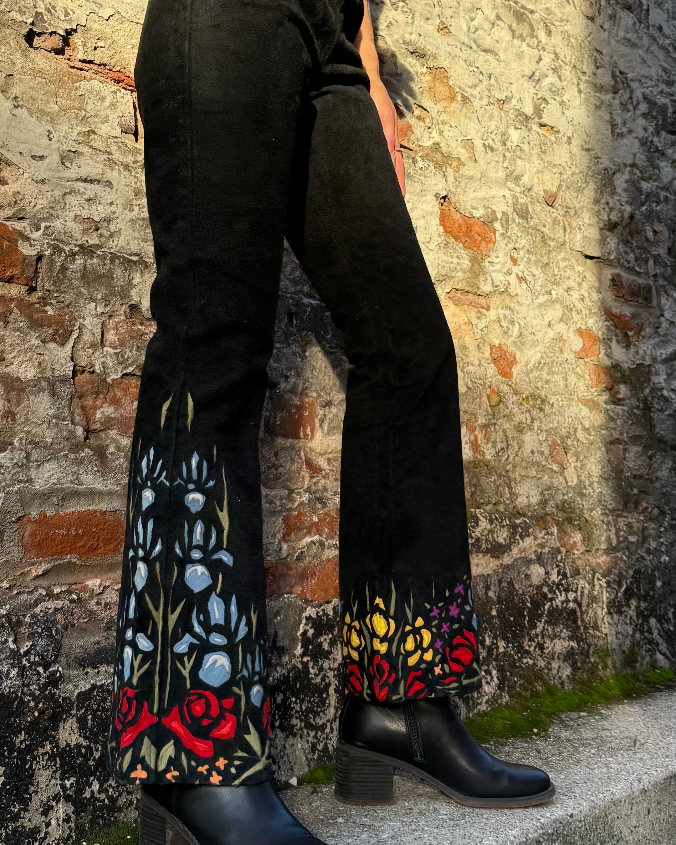 Rare 1970s suede bells with floral inlay design