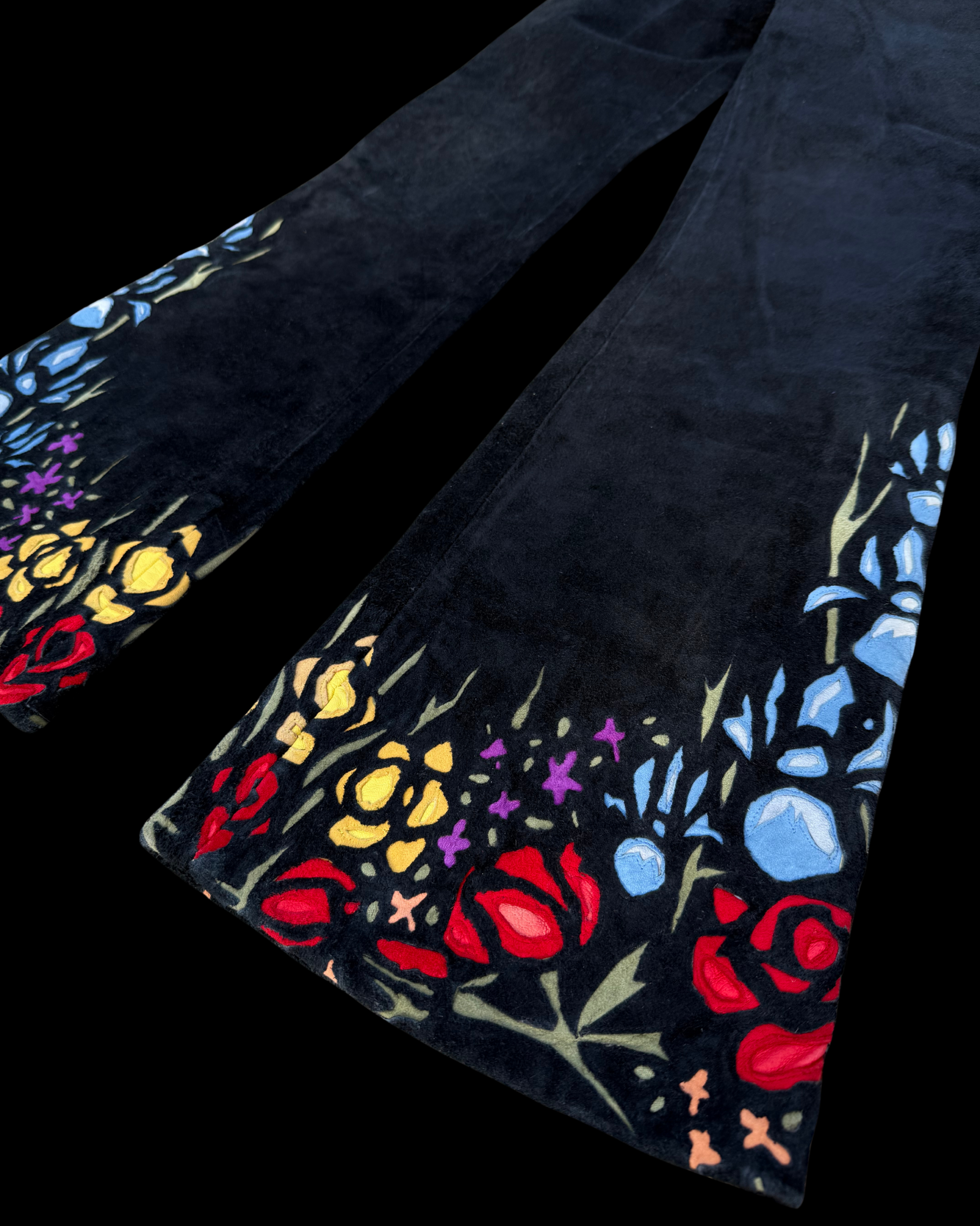 Rare 1970s suede bells with floral inlay design