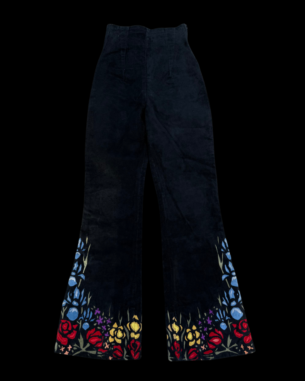 Rare 1970s suede bells with floral inlay design