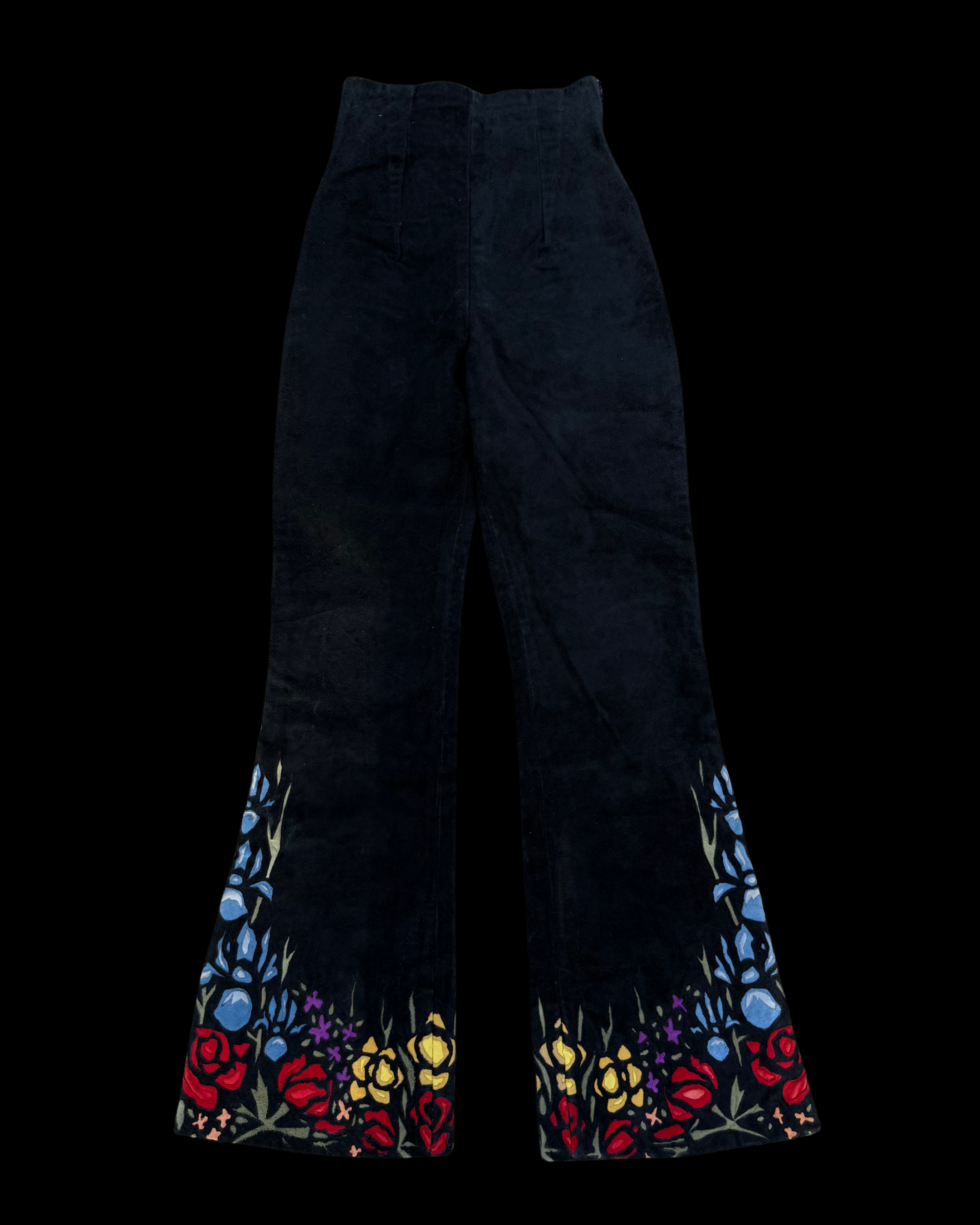 Rare 1970s suede bells with floral inlay design